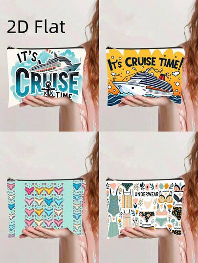 Cosmetic Bag 1pc, A Cruise Ship In The Ocean With The Words It1, Party Gift Zippered Storage Bag, Lightweight Cosmetic Pouch, For Storing Cosmetics And Small Items, Travel Toiletry Bag, School, Work, Daily Use,1pc Women's Cute Underwear & Heart Print Cosmetic Bag - Zippered Travel Toiletry Organizer With Medicine Storage Pouch