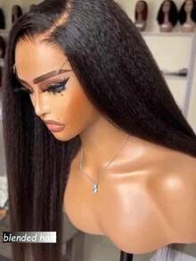 180% 密度蓬松直发假发，真人混纺发丝，13x4 高清蕾丝前假发，女士真人混纺发丝假发，Yaki 直发真人混纺发丝假发，无胶前额假发，预拔毛真人混纺发丝假发，8-36 英寸，自然黑 - 自然色&黑色系 - 查看 3