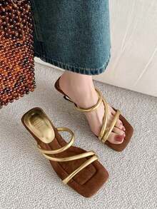 5cm New Colorblock Minimalist Wedge Thong Sandals, Women's Open Toe High Heels For Summer 2025 - Gold - View 4