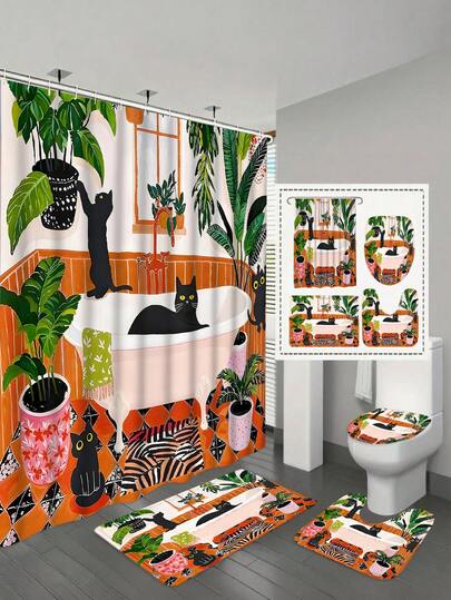1/4件套趣味猫咪浴帘套装，波西米亚风格，可爱俏皮，黑猫图案，马蒂斯风格，适用于浴室，小猫与绿色热带树叶，防水面料，浴帘装饰，防水涤纶浴帘，防滑浴室垫，U型马桶垫，带12个挂钩的马桶盖套 - 现代风格，适用于家居装饰、浴室装饰及配件，易于清洁和维护，精致的乔迁礼物 - 四季皆宜