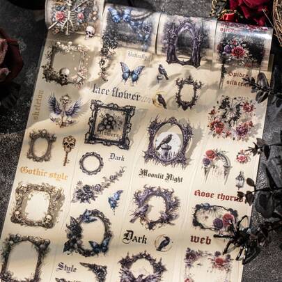 1 Roll/Bag Tape, Dark Poetry Series, Delicate PET Stickers, Scrapbook Supplies And Notebook Accessories, Used For Decorating Cards, Photo Frames, Computers, Phone Cases, Water Cups, Junk Magazines, Pencil Cases, Suitcases, Desktop Decorative Stickers, Back-To-School Season Stickers, School Supplies Stationery Funny Stickers Kindle