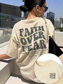 1pcs Plus Size Women's T-Shirt, Printed With "FAITH OVER FEAR" And Bible Verse Designs On The Back, Suitable For Church Services, Religious Activities - 杏色 - 查看 11