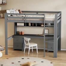 Loft Bed 90 X 200 Cm, Children's Bed, Bunk Bed, Table Underneath, Large Storage Space, High Guardrail, Sturdy Staircase, Grey - Dark Grey - View 4