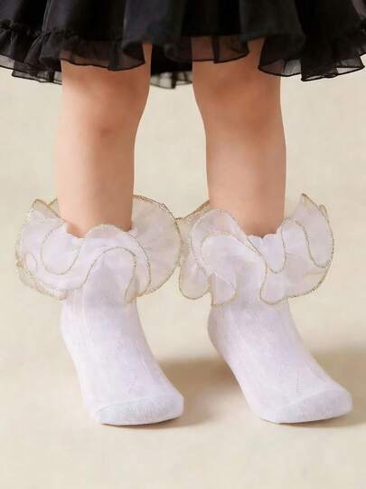 1双女童大蕾丝舞蹈袜，优雅公主风短袜，适合派对穿着