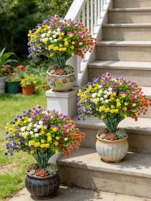 5 piezas de flores artificiales coloridas de primavera para exteriores, flores artificiales resistentes a los rayos UV, plantas artificiales de arbustos adecuadas para porche, maceta, decoración de caja de ventana (colores surtidos) - Multicolor - Ver 6