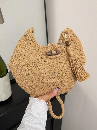 Bolso tejido a mano versátil y de moda con decoración de flecos, adecuado para salidas diarias, citas y reuniones, se puede usar como bolso de hombro o cruzado