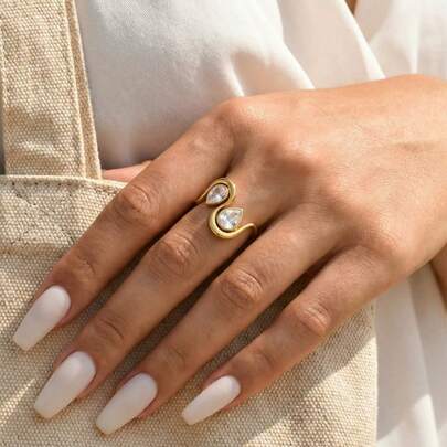 S SHOPBOHO 1 pieza Anillo de acero inoxidable con zirconia en forma de lágrima, resistente a la decoloración y a la corrosión, anillo de boda