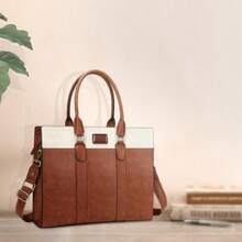 MOSISO Laptop Bolsa Tote para Mujer15.6-16 Pulgadas PU Cuero Bolso de Mano para Trabajo Ordenador Maletín Gran Capacidad Rayas Verticales Dobles Impermeable Bolso de Hombro para Viajes Oficina Marrón - Marrn - Ver 3