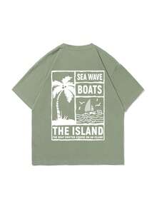Fractyr Camiseta casual de manga corta de cuello redondo con estampado gráfico reflectante de carreras de garaje vintage para hombre, de moda callejera casual de verano - Verde Oliva - Ver 3
