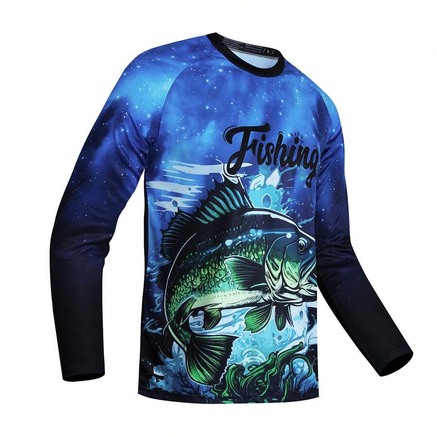 TELEYI Men's 3D Digital Print Long Sleeve Sun Protection Shirt, Quick-Dry Breathable 100% Polyester Knit Fabric, V-Neck Sports Top Fall - Blue - View 1