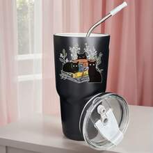 30oz Stainless Steel Tumbler Black White Options,  Cats Books Plants Flowers Design Graphic Cups, Insulated Travel Coffee Mug With Lid And Straw , Double Wall Vacuum Reusable Travel Cups, Funny Birthday Party Gift For Women & Men - 黑色 - 查看 1