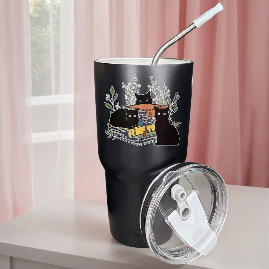 30oz Stainless Steel Tumbler Black White Options, Cats Books Plants Flowers Design Graphic Cups, Insulated Travel Coffee Mug With Lid And Straw , Double Wall Vacuum Reusable Travel Cups, Funny Birthday Party Gift For Women & Men - 黑色 - 查看 1