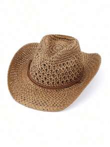 1pc Vintage Hollow Brim Wide Brim Straw Hat, Unisex Outdoor Travel Beach Hat, Handwoven Breathable Western Cowboy Panama Hat, Spring/Summer - A - 查看 8
