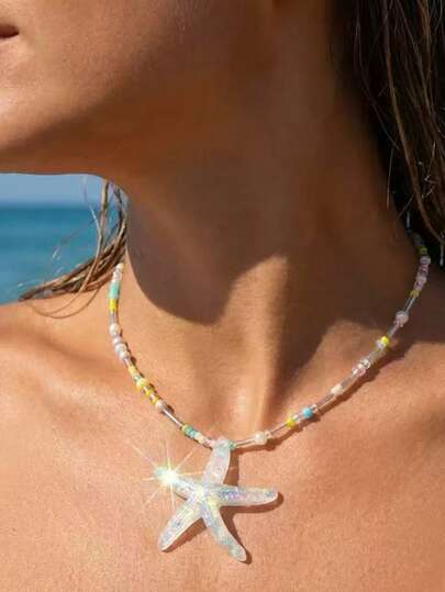 1件夏季清爽波西米亚风树脂海星彩色串珠项链，适合女性，海滩度假佩戴（珠子数量和颜色随机）