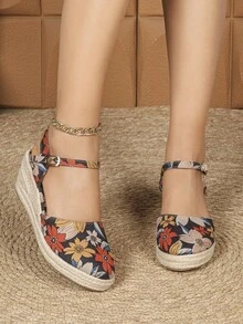 Women's Linen Rope Wedge Sandals, Casual Elastic Band Thick Bottom Shoes. Closed Toe Round Toe Hollow Breathable Platform High Heel Straw Woven Shoes, Fisherman Sandals With Closed Toe, Rubber Sole, Linen Rope Wedge Sandals, Beach Bohemian Hook And Loop Buckle Holiday Party - Black Multicolor - View 3
