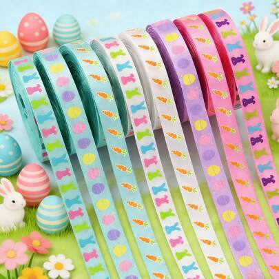 1pc, 1cm Wide, 5 Yards Long, Easter Spring Ribbon With Cartoon Colorful Eggs, Carrots, Rabbit Shapes, For Gift Wrapping, Wreath & Bow Making, Handmade Home Decor, Easter Decoration