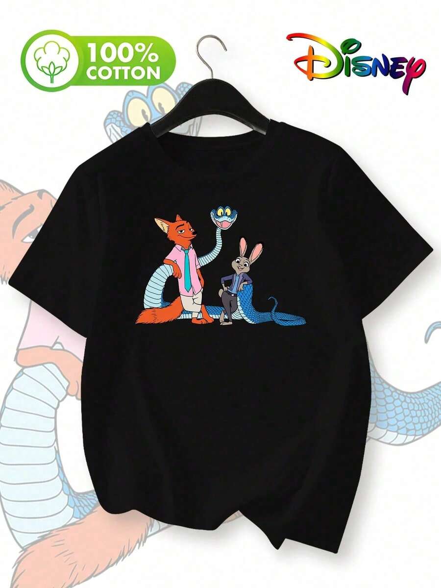 Women's Casual Disney Zootopia Cartoon Print 100% Cotton Short Sleeve Round Neck T-Shirt - 黑色 - 查看 1