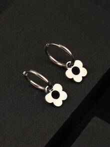 1 Pair Stainless Steel Hollow Plum Blossom Pendant Earrings, Fashionable & Unique For Men - Silver - View 1
