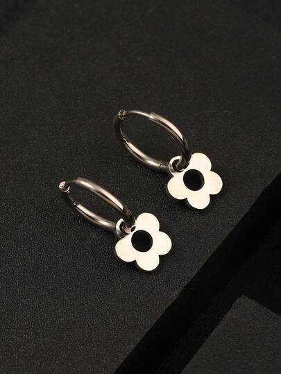 1 Pair Stainless Steel Hollow Plum Blossom Pendant Earrings, Fashionable & Unique For Men
