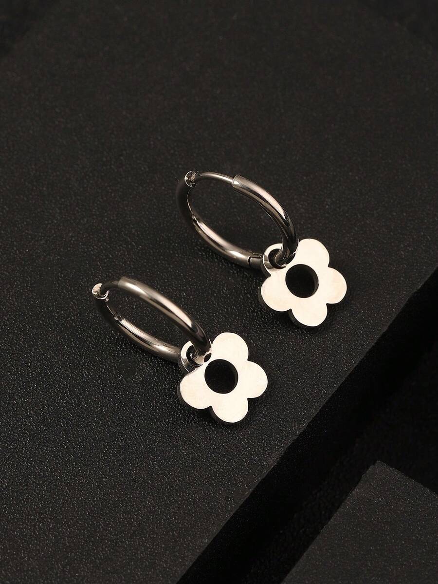 1 Pair Stainless Steel Hollow Plum Blossom Pendant Earrings, Fashionable & Unique For Men - Silver - View 1