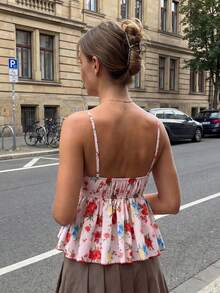 Camiseta sin mangas Bodydoll floral para mujer, estilo veraniego, a la moda, con tirantes finos y escote en V. - Rosa - Ver 6