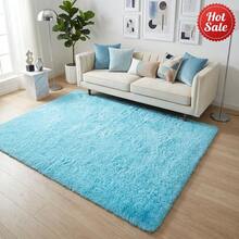 1 tấm thảm lông xù siêu mềm màu xanh da trời nhạt, dày 1.4 inch, trọng lượng 550g/㎡, có lớp mút hoạt tính 0.24 inch, chống trượt, thích hợp cho phòng khách và phòng ngủ. - A - Xem 14