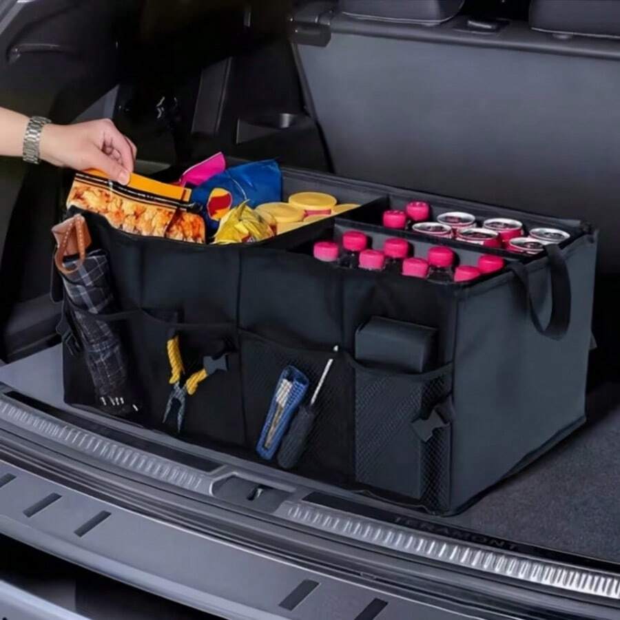 Multi Functional Storage Box, Multifunctional Clothing Storage Box, Travel Multifunctional Storage Box, Foldable And Easy To Carry, Multi Pocket Design, Can Hold Various Items, Shoe Storage Bag, Car Back Multifunctional Storage Box, Suitable For Various Travel, Car, Travel And Other Ways - 黑色方形 - 查看 1
