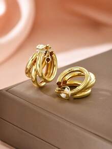 1 Đôi khuyên tai dạng kẹp nhiều lớp hình chữ C thời trang tối giản, thiết kế dạng kẹp, phù hợp để đeo hàng ngày. - Vàng - Xem 2