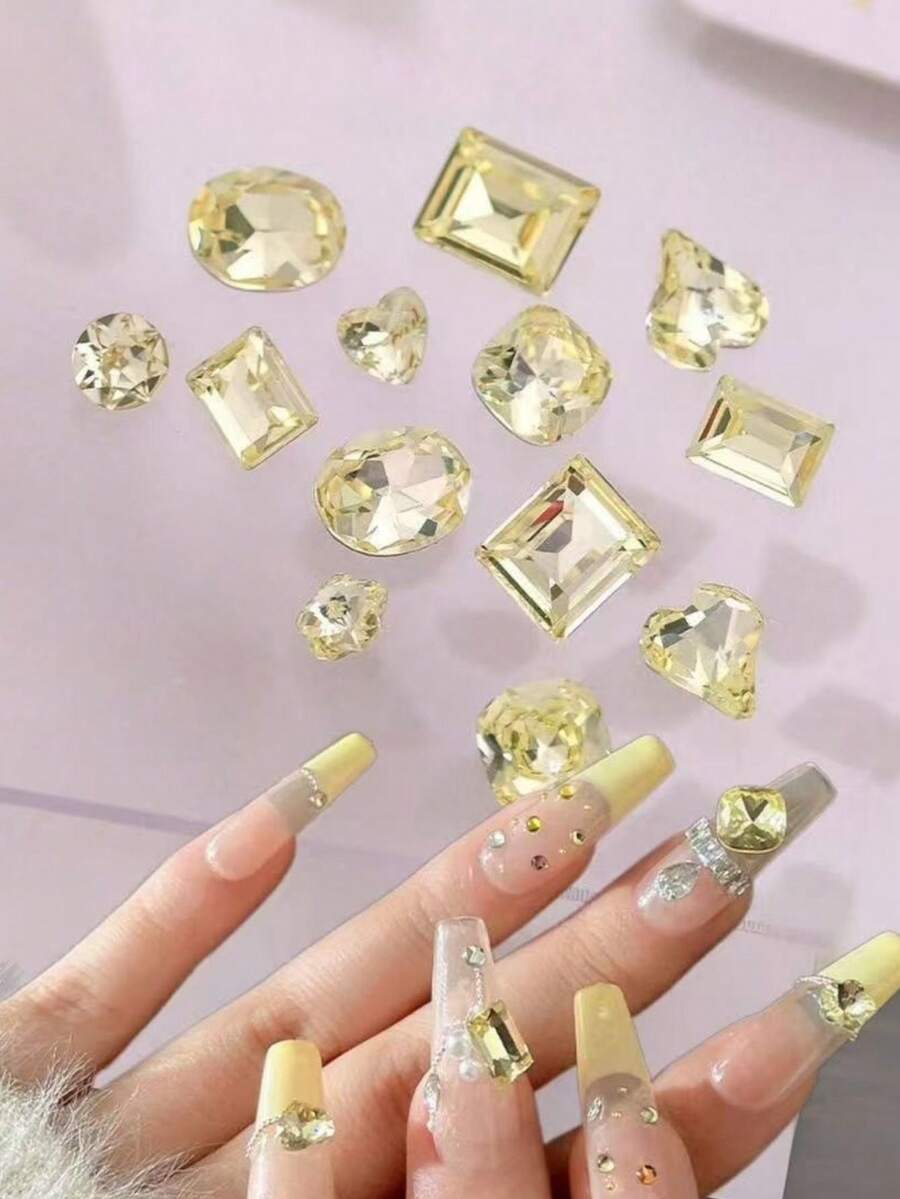 5/10颗K9美甲水钻，弯心形、爱心形、长方形、椭圆形、正方形，深柠檬黄美甲饰品，美甲配件 - 彩色 - 查看 1