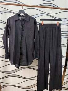 Women's Linen Set, Shirt With Pants, 2 Pieces, Lined With Elastic. - 黑色 - 查看 1