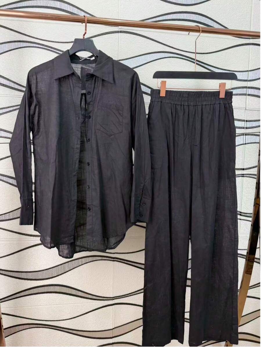 Women's Linen Set, Shirt With Pants, 2 Pieces, Lined With Elastic. - 黑色 - 查看 1
