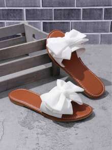 White Bow Open Toe Slides - Cute Summer Sandals For Women Women's Brown & White Bow Sandals - Comfort Flat Open Toe Shoes Cute Bow Decor Slides - Stylish Open Toe Sandals For Daily Wear Summer Bow Open Toe Sandals Flat Slides For Vacation Affordable White Bow Slides - Cute Open Toe Sandals For Women - 白色 - 查看 6