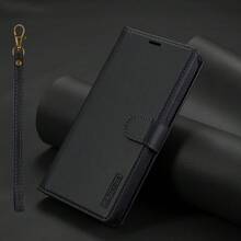 OUKNOEO Magnetic Wireless Charging Faux Leather Case Compatible With IPhone 17 Air 16e 15 14 13 Pro Max S26 S25 Edge S24 UItra Plus A16 A17 A36 A56 A37 A57 With Flip 4 Card Slot Anti-Theft Brush Wallet With Short Lanyard - Black - View 40