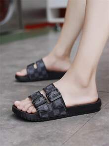 Men's Flat Sandals, New Thick-Sole Double-Buckle Sandals, Fashionable Outdoor Non-Slip Beach Shoes, Retro Pattern Quick-Dry Sandals, Summer - Black - View 4