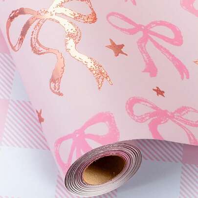 1/3/6 Rolls Pink Wrapping Paper, Cute Bow Design Gift Wrap, Double-Sided Plaid Pattern Suitable For Baby Shower, Birthday, Wedding