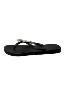 Dép xỏ ngón đế bằng cho nữ, dép sandal quai ngang màu trơn đính nơ pha lê, dép đi biển mùa hè. - màu đen - Xem 6