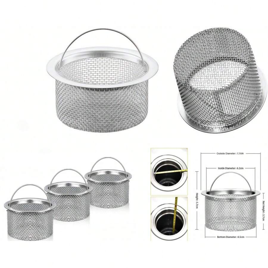 One Stainless Steel Kitchen Sink Strainer, Kitchen Sink Drain Strainer, Fine Mesh, Sink Food Collection Strainer With Handle, Stainless Steel Fittings, 3-Inch Mesh Sink Strainer. Made With A High-Quality, Tightly Woven Design, It Features An Easy-Grip Handle, Is Rust-Proof And Corrosion-Resistant, Keeps The Sink Clean, Prevents Drain Blockages, Collects Food Scraps, Is Easy To Clean, Durable, And Long-Lasting. Suitable For Daily Dishwashing Tasks, Kitchen Cleaning Operations, And Food Preparation Activities. Ideal For Home Kitchens, Apartments, Condominiums, Restaurants, And Commercial Catering Areas. - View 1