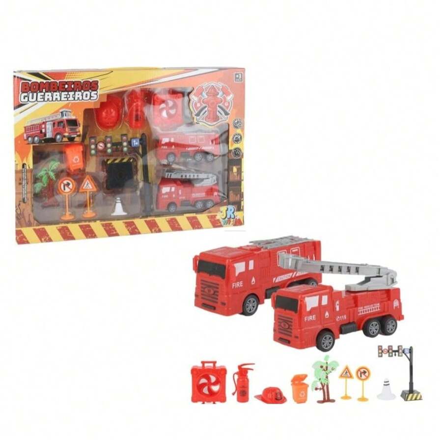 Kit 12 peças Caminhões De Bombeiros Resgate + Acessórios - Vermelho - Visão 1
