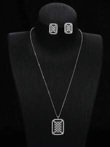 Bộ 2 món gồm dây chuyền và bông tai thiết kế độc đáo dạng lưới rỗng, lấp lánh, phong cách tối giản, phù hợp cho nữ giới đeo hàng ngày và làm quà tặng. - Bộ vòng cổ và hoa tai - Xem 5