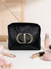 Dior High-End Fashion Black Glossy Gold Logo Velvet Cosmetic Bag - Black - View 9