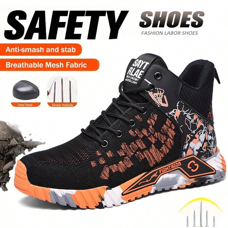 Essential For Outdoor Work- Four Seasons Style Camouflage Orange Steel Toe Safety Boots For Men Women,Lightweight Work Sneakers Yellow Up Steel Toe High Top Boots,Anti-Smash Anti-Puncture New Safety Boots Men Fashion Men Sport Safety Boots Orange,Indestructible Construction Working Boots,Safety Protective Outdoor Security Boots Orange , Comfortable Breathable Steel Toe Work Shoes For Men,Fashionable Safety Shoes Suitable For Construction Sites Under Harsh Working Conditions, Carpenters Iogging, Car Repairs And Outdoor Workers,Fashionable Blue All-Season Shoes For Warehouse, Outdoor, Restaurant, Delivery & Training Use - 橘色 - 查看 1