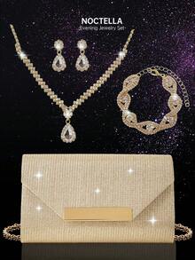Noctella Shiny Striped Women's Evening Clutch Handbag, Fashionable New Solid Colour Envelope Party Bag, Paired With A Three Pieces Rhinestone Jewellery Set, Including Necklace, Earrings, And Bracelet, Suitable With Evening Dress, Party Dress, Or Wedding Dress, Perfect For Dinners, Balls, And Parties - Champagne - View 1