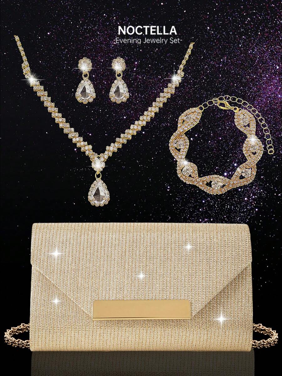 Noctella Shiny Striped Women's Evening Clutch Handbag, Fashionable New Solid Colour Envelope Party Bag, Paired With A Three Pieces Rhinestone Jewellery Set, Including Necklace, Earrings, And Bracelet, Suitable With Evening Dress, Party Dress, Or Wedding Dress, Perfect For Dinners, Balls, And Parties - Champagne - View 1