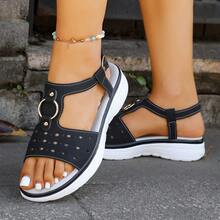 女士厚底坡跟凉鞋，金属环镂空透气休闲夏季沙滩鞋 - 黑色 - 查看 2