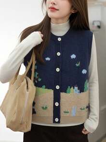Alicedudu Women's Autumn Casual Cartoon Fun Pattern Floral Print Ribbed Knit Cardigan Vest - Navy Blue - View 4