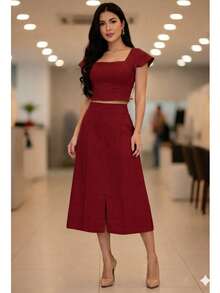 Women's Tailored Set: Cropped Top With Ruffled Sleeves, Midi Skirt With Front Slit, High Waist. Elegant Women's Fashion Set ✨ Casual, Vacation, Beach - 紅木色 - 查看 1