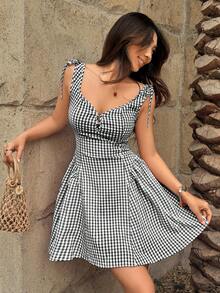 abyoxi Women's Black & White Plaid Camisole Heart Neck Waist Cinched A-Line Ruffle Hem Short Skirt, Casual Sweet Retro Date Daily Outing Holiday Elastic Bodycon Mini Dress, Spring/Summer - Black - View 5