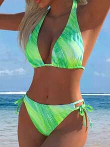 European And American Fashion Backless Bikini 2 Pieces Set, Pink Gradient Colorful Print Swimsuit, Summer Beach Essential - Multicolor - View 2