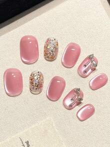 10PCS DIYhandmade Sequined Cat Eye Three-Dimensional Small Diamonds With Simple And Cute Style. Short Press Style Nails Suitable For Women, Girls, And Students In Daily Life, Dances, Parties, And College Style. Comes With Jelly Glue And Rubbing Strips For Press Nails - Multicolor - View 4