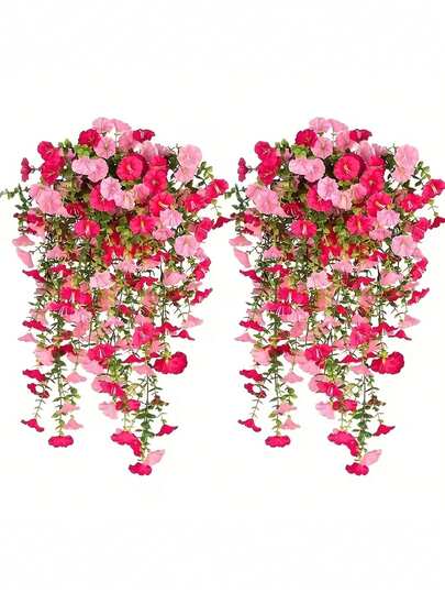 1pc Artificial Hanging Violet & Eucalyptus Flowers, Vivid Pink Blooms With Green Leaves, Indoor/Outdoor Decor Suitable For Wedding, Porch, Yard, Garden, Home Decoration